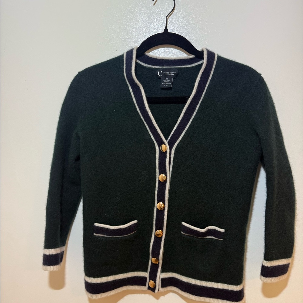 C by Bloomingdale's Cashmere contrast trim varsity-style cardigan